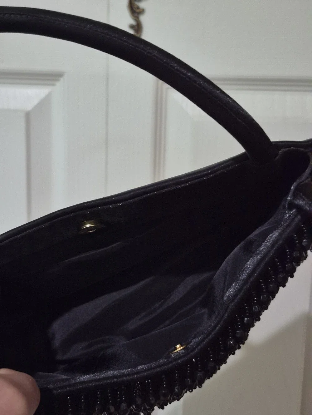 Black beaded satin evening purse